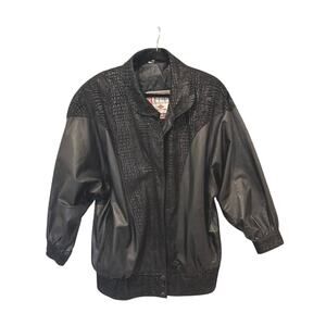 Vintage Leather Statement Jacket A.D.A. Black Moto Mock Croc Oversized M